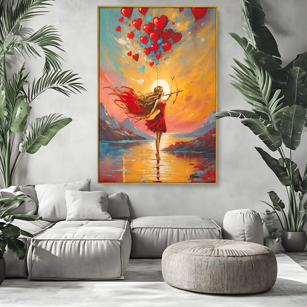 Tablou canvas cu pictura cu femeie armata cu arc si inimi, in rama de aluminiu auriu, pe perete intr-un living